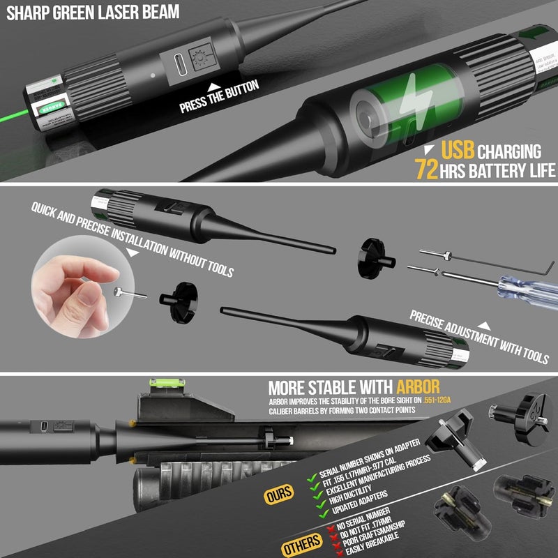 Visiofire USB Rechargeable Laser Bore Sight Kit : Green Laser Bore Sighter with 64 Upgraded Adapters fit 0.17 to 12 GA Calibers| Multi-Caliber Laser Bore Sighting Kit for All Gun| Powerful Boresighter - Image 4